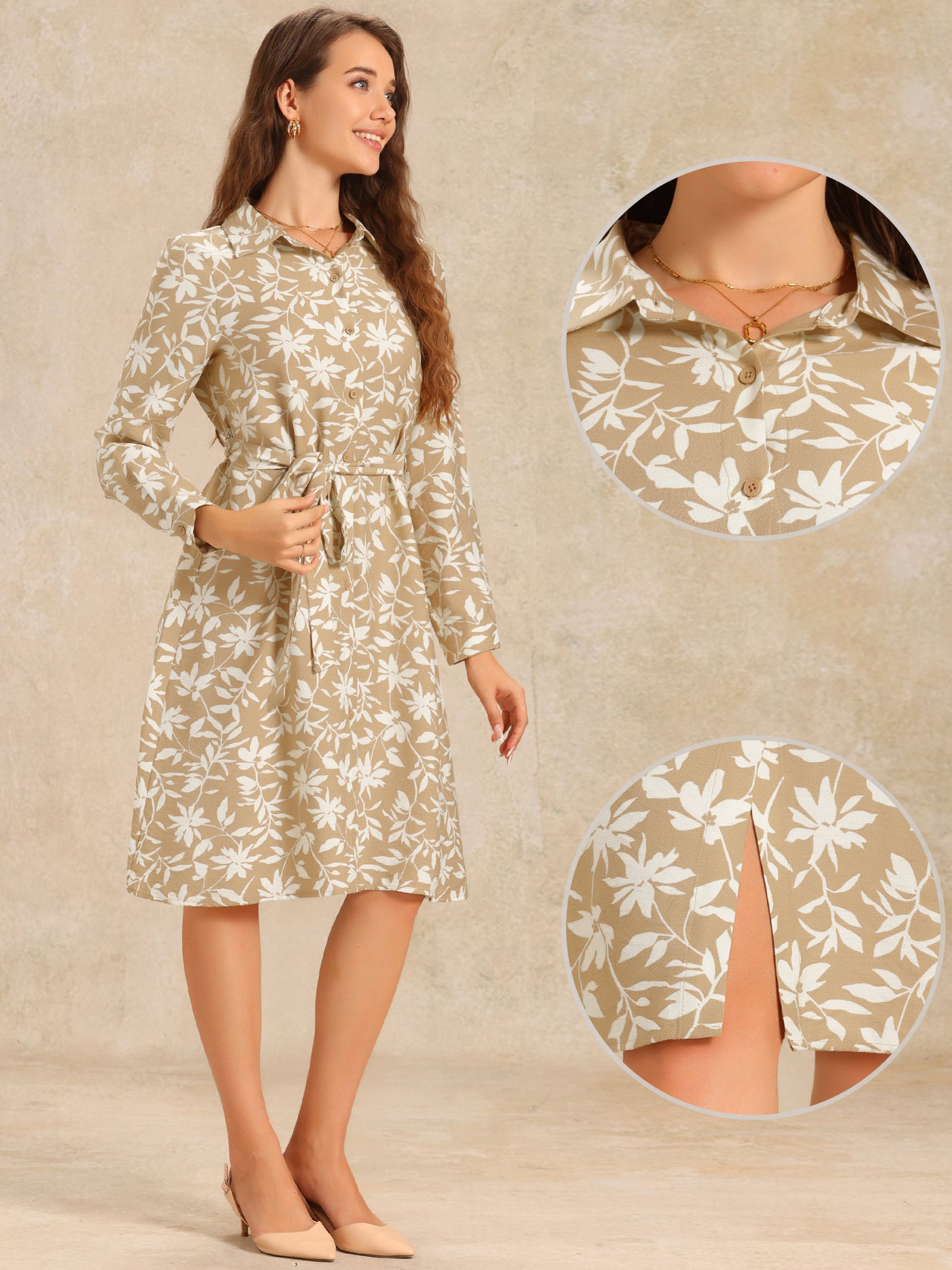 Allegra K Floral Collar Long Sleeve Tie Waist Midi Shirt Dress