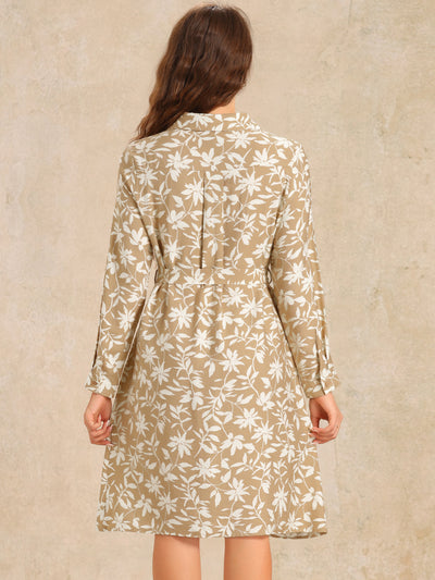 Floral Collar Long Sleeve Tie Waist Midi Shirt Dress