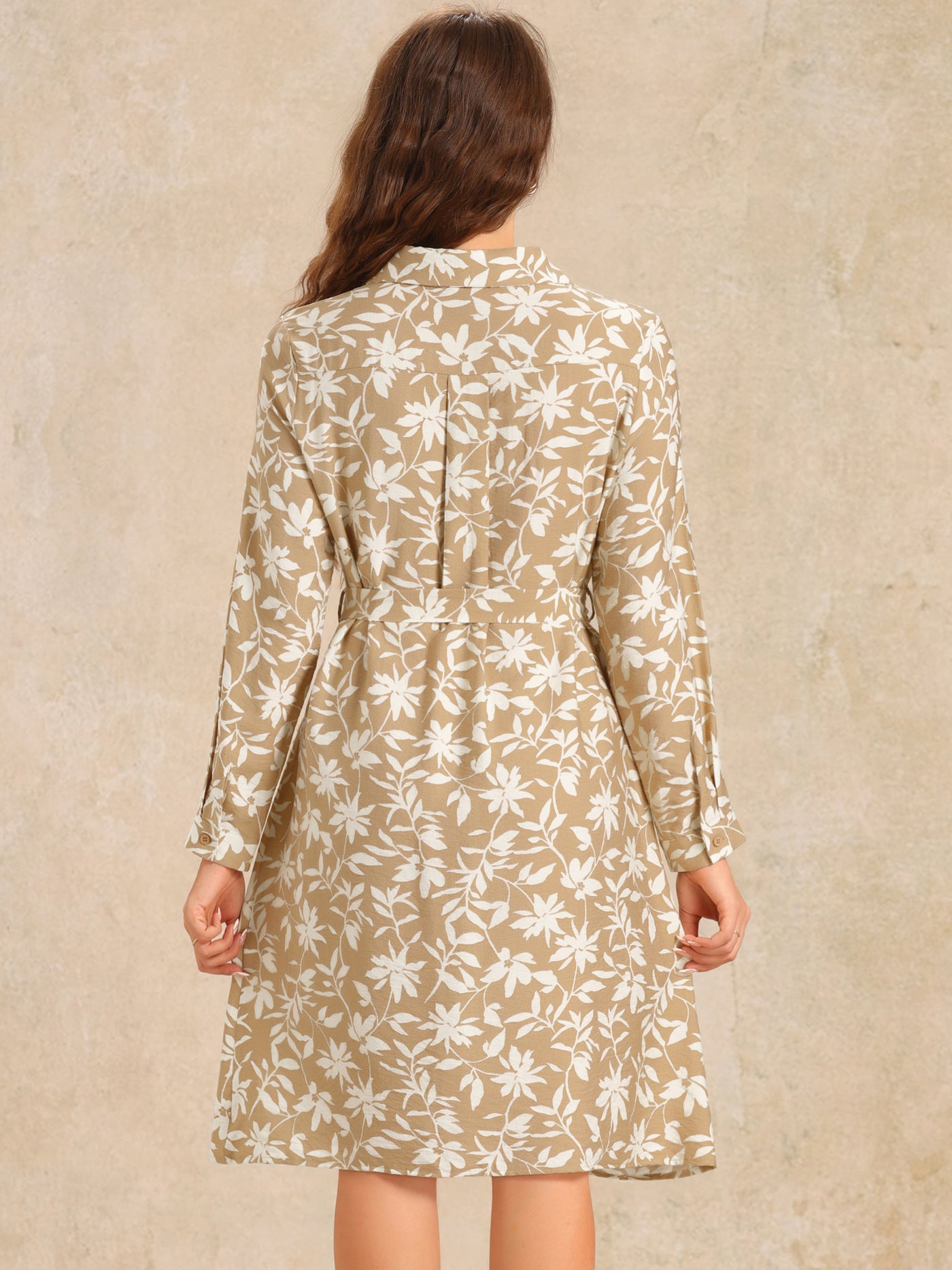 Allegra K Floral Collar Long Sleeve Tie Waist Midi Shirt Dress