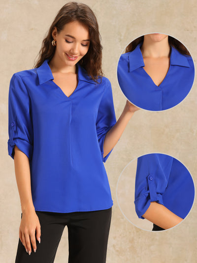 Collared V Neck Roll Up 3/4 Sleeves Solid Color Blouse