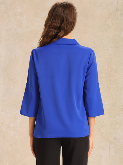 Collared V Neck Roll Up 3/4 Sleeves Solid Color Blouse