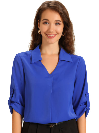 Collared V Neck Roll Up 3/4 Sleeves Solid Color Blouse