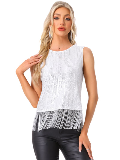 Sequin Fringe Trim Sleeveless Round Neck Blouse