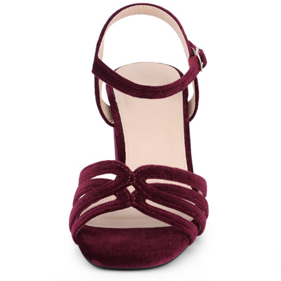 Women's Square Toe Velvet Slingback Chunky Heels Sandals