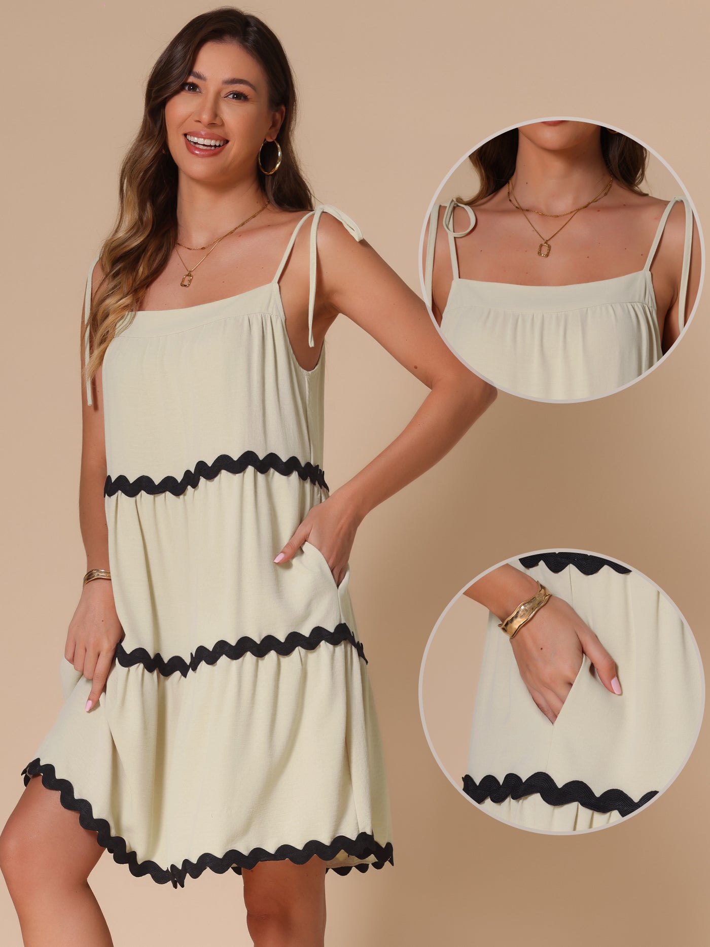 Allegra K Spaghetti Strap Pocketed Contrast Trim Tiered A-Line Dress