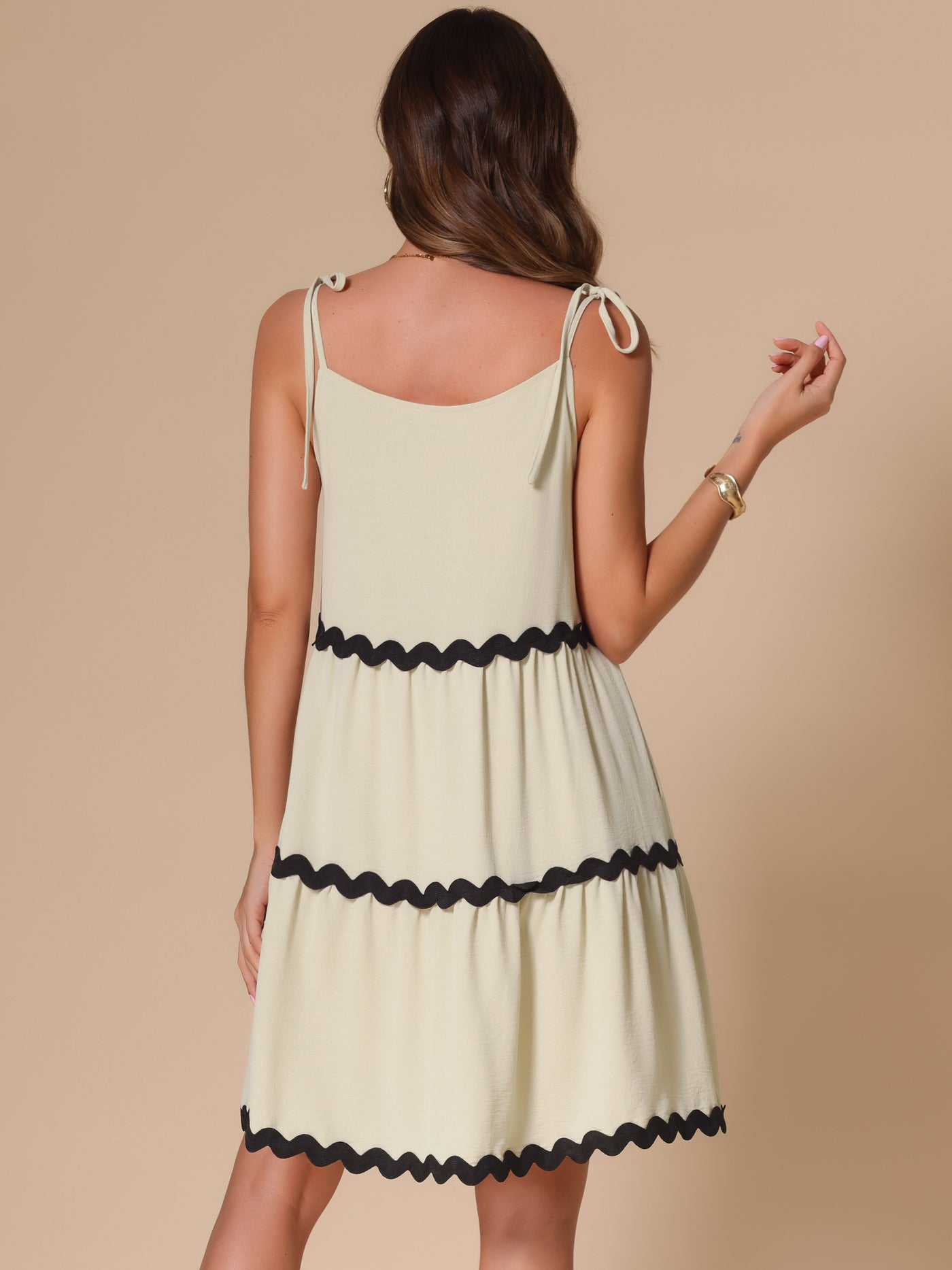 Allegra K Spaghetti Strap Pocketed Contrast Trim Tiered A-Line Dress