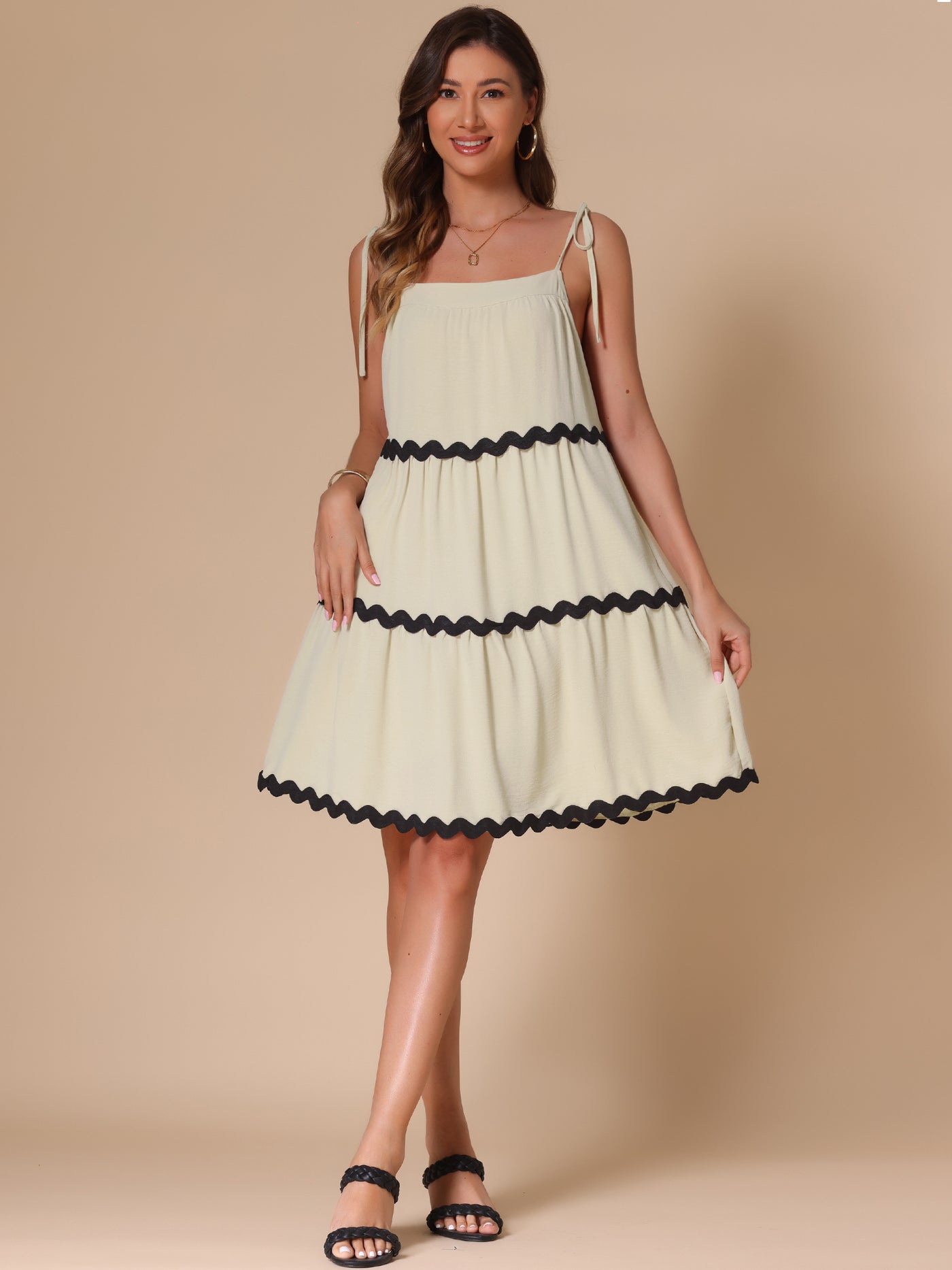 Allegra K Spaghetti Strap Pocketed Contrast Trim Tiered A-Line Dress