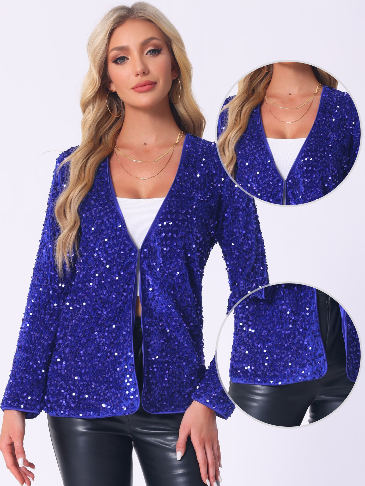 Allegra K Long Sleeve Glitter Party Sequin Open Front Jacket