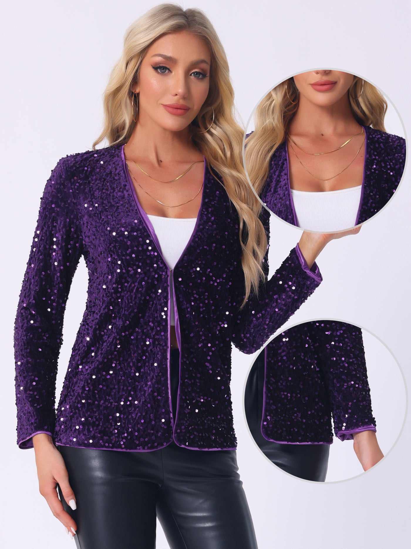 Allegra K Long Sleeve Glitter Party Sequin Open Front Jacket