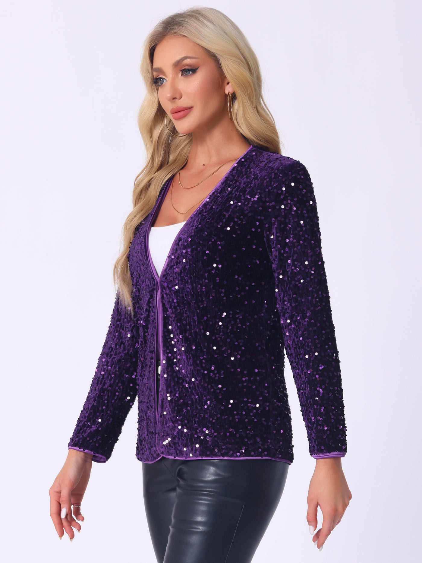 Allegra K Long Sleeve Glitter Party Sequin Open Front Jacket