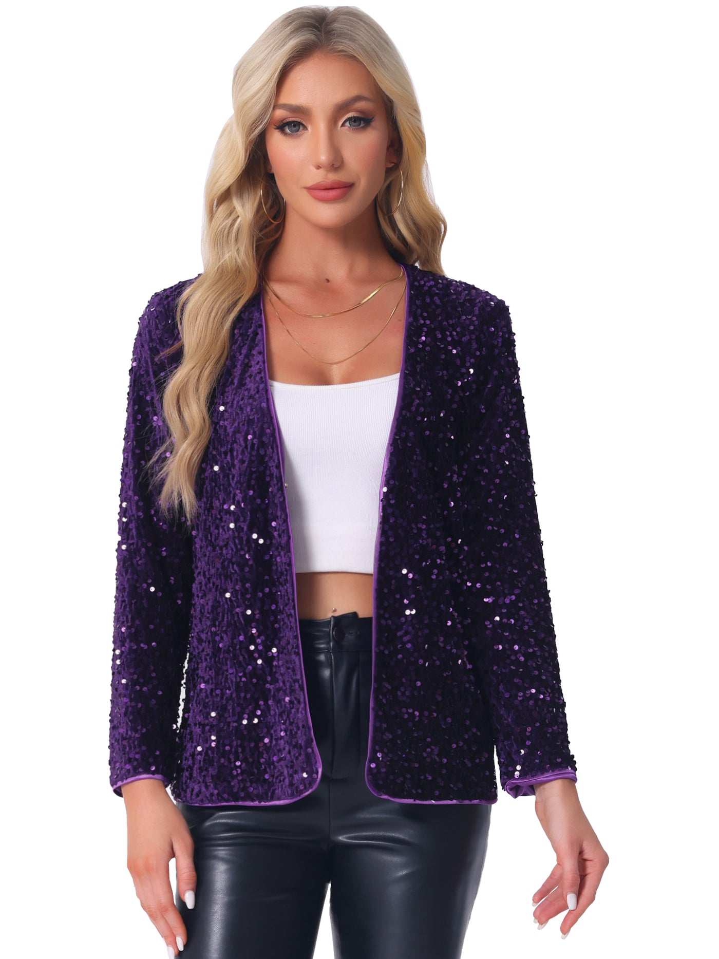 Allegra K Long Sleeve Glitter Party Sequin Open Front Jacket