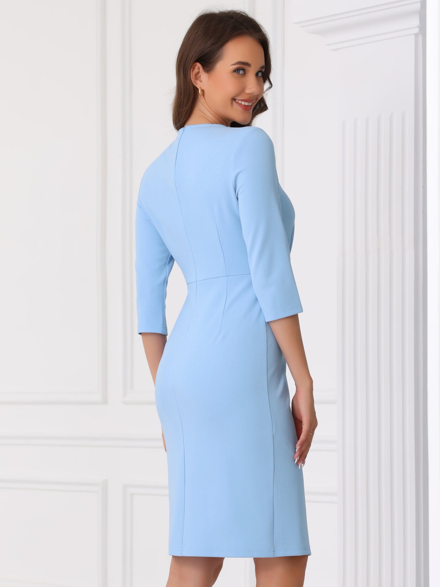 Allegra K 3/4 Sleeve Round Neck Work Church Midi Sheath Dress