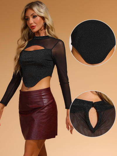 Glitter Mock Neck Keyhole Mesh Clubewear Sparkly Cropped Top