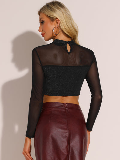 Glitter Mock Neck Keyhole Mesh Clubewear Sparkly Cropped Top