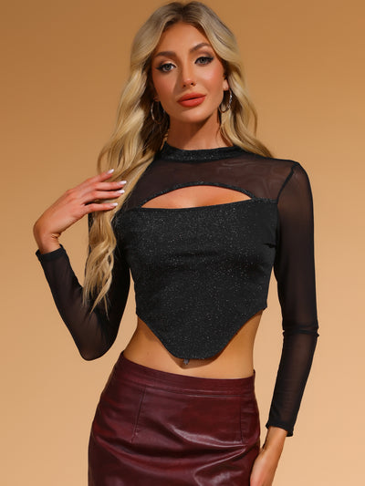 Glitter Mock Neck Keyhole Mesh Clubewear Sparkly Cropped Top