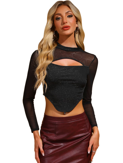 Glitter Mock Neck Keyhole Mesh Clubewear Sparkly Cropped Top