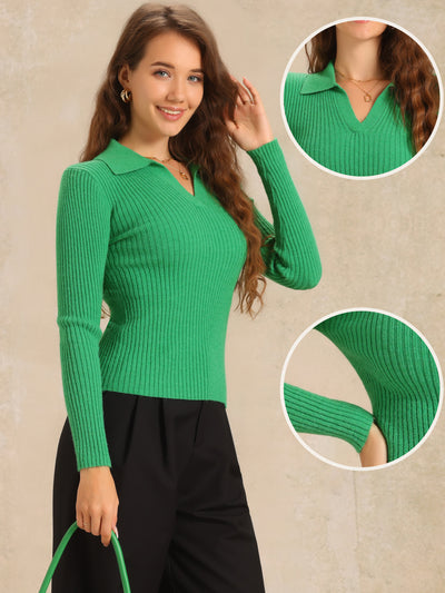 Knit Collared V Neck Solid Color Sweater Top