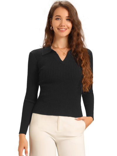 Knit Collared V Neck Solid Color Sweater Top