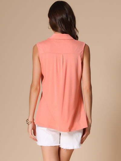 Sleeveless Collar V Neck Solid Color Polo Casual Top