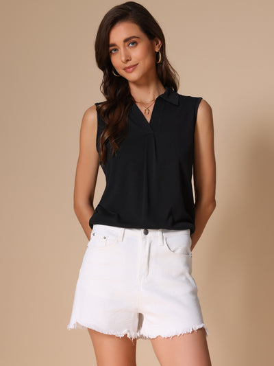 Sleeveless Collar V Neck Solid Color Polo Casual Top