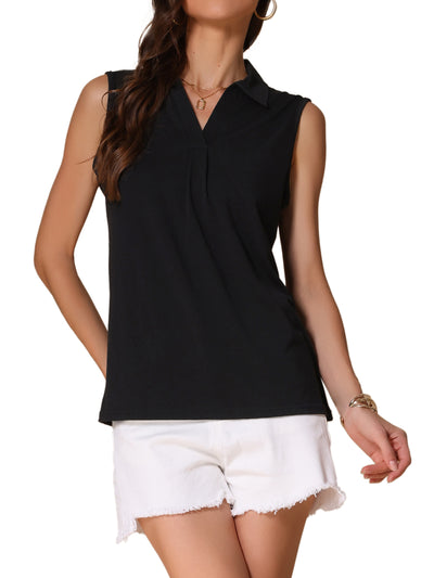 Sleeveless Collar V Neck Solid Color Polo Casual Top