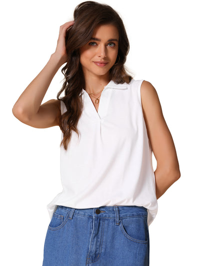 Sleeveless Collar V Neck Solid Color Polo Casual Top