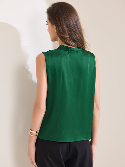 Satin V Neck Sleeveless Pleated Work Office Blouse