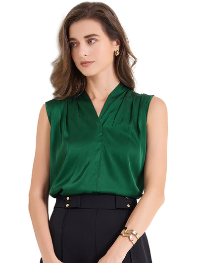 Satin V Neck Sleeveless Pleated Work Office Blouse