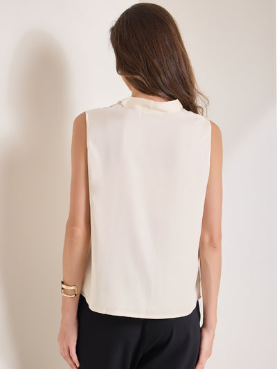 Satin V Neck Sleeveless Pleated Work Office Blouse