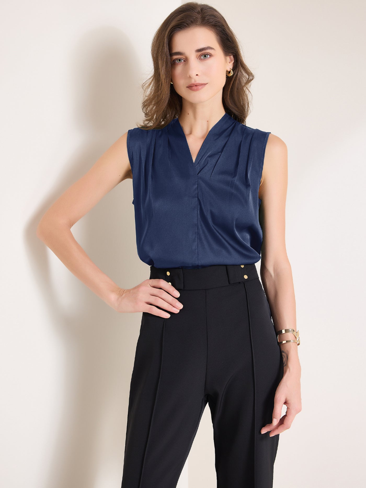 Allegra K Satin V Neck Sleeveless Pleated Work Office Blouse