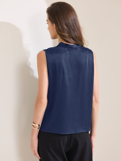 Satin V Neck Sleeveless Pleated Work Office Blouse