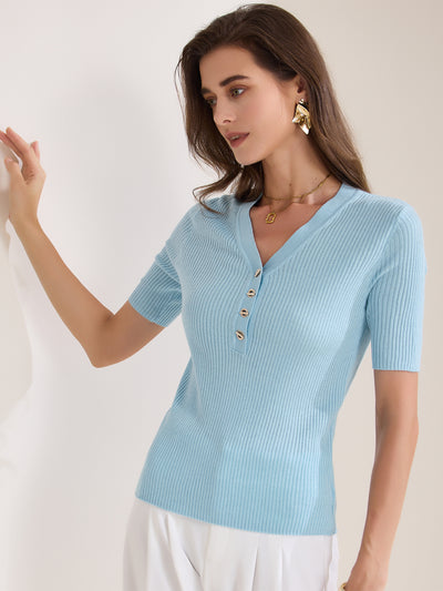 Ribbed Knit V Neck Button Henley Short Sleeve Blouse