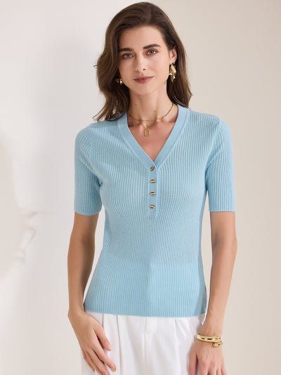 Ribbed Knit V Neck Button Henley Short Sleeve Blouse