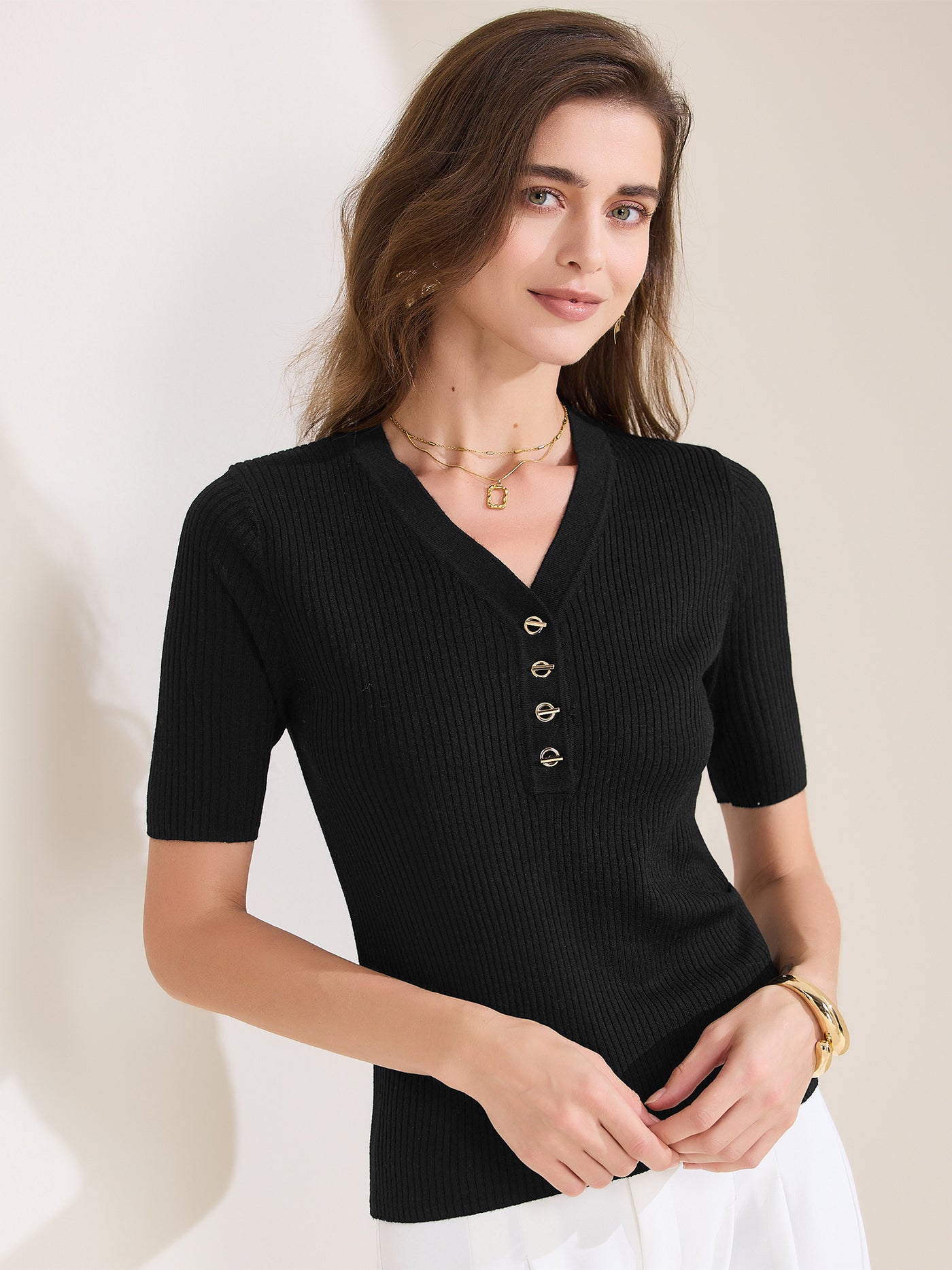 Allegra K Ribbed Knit V Neck Button Henley Short Sleeve Blouse