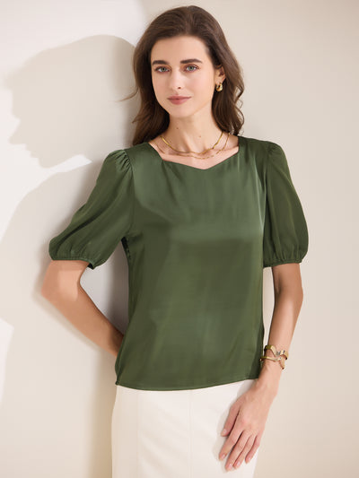 Sweetheart Neck Puff Short Sleeve Office Work Satin Blouse