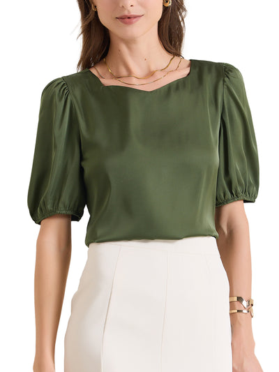 Sweetheart Neck Puff Short Sleeve Office Work Satin Blouse