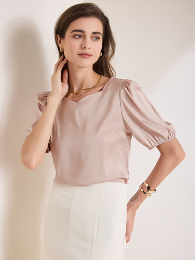 Sweetheart Neck Puff Short Sleeve Office Work Satin Blouse