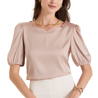 Sweetheart Neck Puff Short Sleeve Office Work Satin Blouse