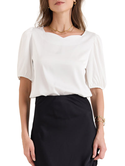 Sweetheart Neck Puff Short Sleeve Office Work Satin Blouse