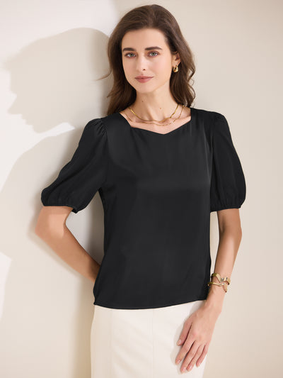 Sweetheart Neck Puff Short Sleeve Office Work Satin Blouse