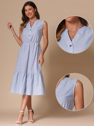 Striped Sleeveless Ruffle Midi A-Line Shirt Dress