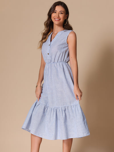 Striped Sleeveless Ruffle Midi A-Line Shirt Dress