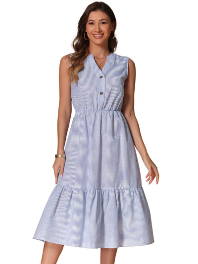 Striped Sleeveless Ruffle Midi A-Line Shirt Dress