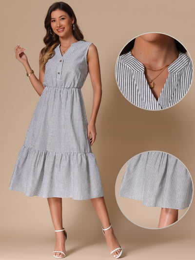 Striped Sleeveless Ruffle Midi A-Line Shirt Dress