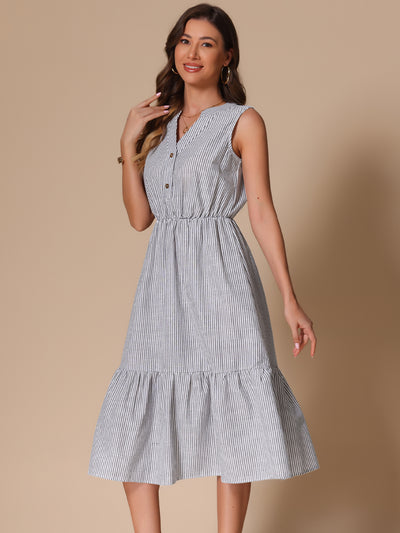 Striped Sleeveless Ruffle Midi A-Line Shirt Dress