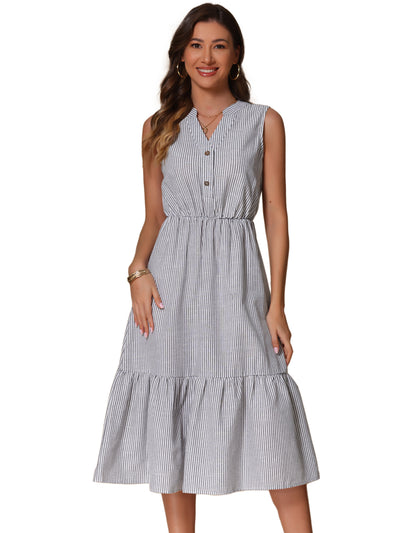 Striped Sleeveless Ruffle Midi A-Line Shirt Dress