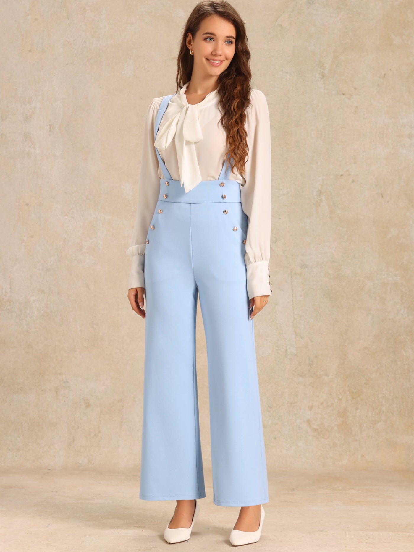 Allegra K Casual Office Adjustable Strap Wide Leg Suspenders Pants Jumpsuits