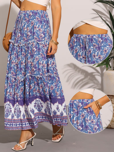 Floral Boho Ruffled Tiered Pocketed Maxi Skirt