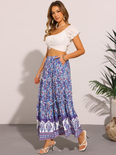 Floral Boho Ruffled Tiered Pocketed Maxi Skirt