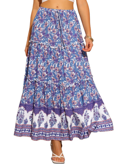 Floral Boho Ruffled Tiered Pocketed Maxi Skirt